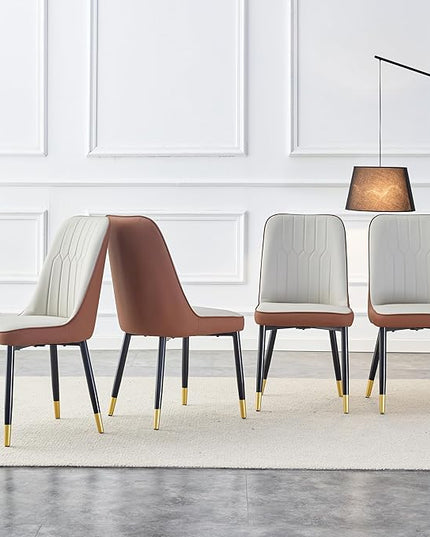 Modern Set of 4, Faux Leather Dining PU Upholstered Kitchen Chair with Black Golden Metal Legs for Home Living Room, Restaurant, 4 Piece, Brown+light Gray - LeafyLoom