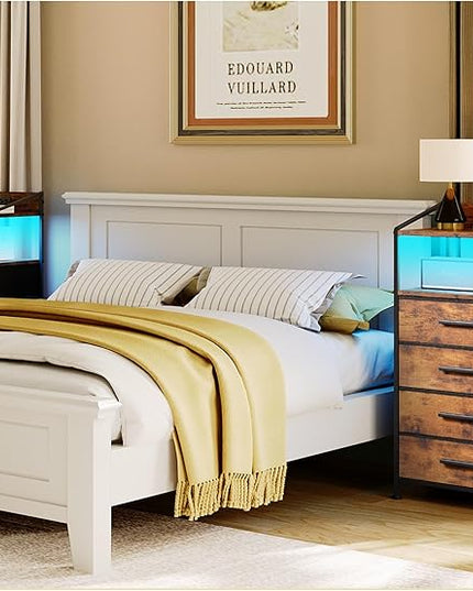 Nightstand 4 Drawer Dresser with LED Lights and Charging Station, Vertical Side Table with Fabric Drawers, End Table with Open Shelf, Tall Dresser for Bedroom, Hallway, Entryway, Rustic Brown - LeafyLoom