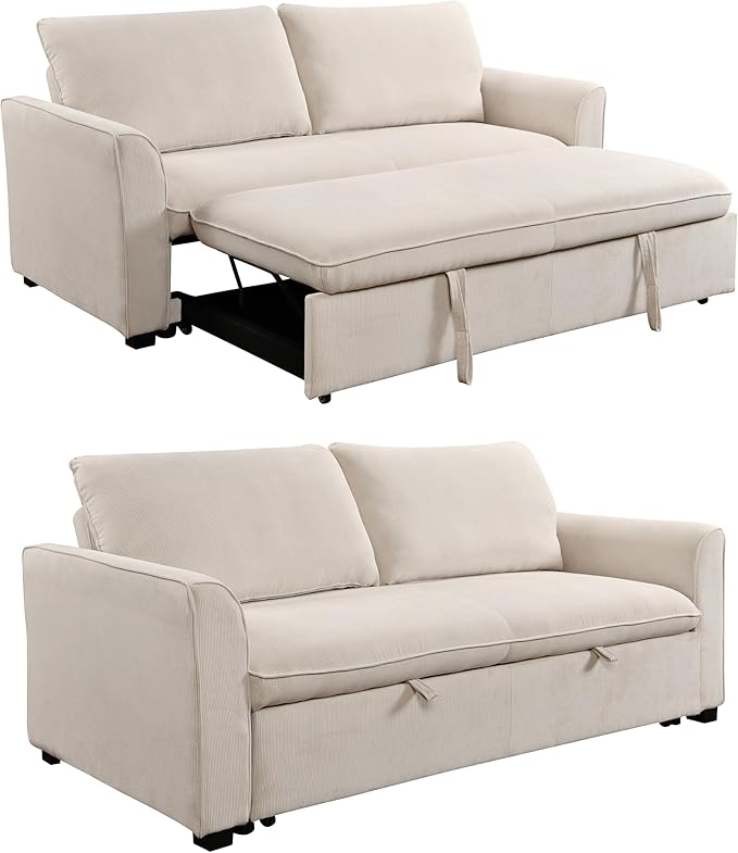 3 in 1 Oversized Convertible Loveseat Sleeper Sofa Bed,Soft Corduroy Upholstered Queen Love Seats Sofabed W/Pull Out Sleep Couch,Comfortable Cushions and Padded Armrests for Living Room - LeafyLoom