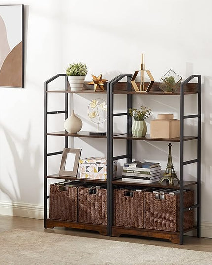 Vagusicc 4 Tier Bookshelf with 2 Storage Baskets, Tall Bookcase Shelf Storage Organizer Wood Book Shelf, Modern Shelf Rack Shelves with Steel Frame, Multipurpose Bookshelf for Bedroom Living Room - LeafyLoom