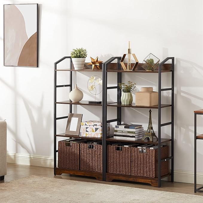 Vagusicc 4 Tier Bookshelf with 2 Storage Baskets, Tall Bookcase Shelf Storage Organizer Wood Book Shelf, Modern Shelf Rack Shelves with Steel Frame, Multipurpose Bookshelf for Bedroom Living Room - LeafyLoom