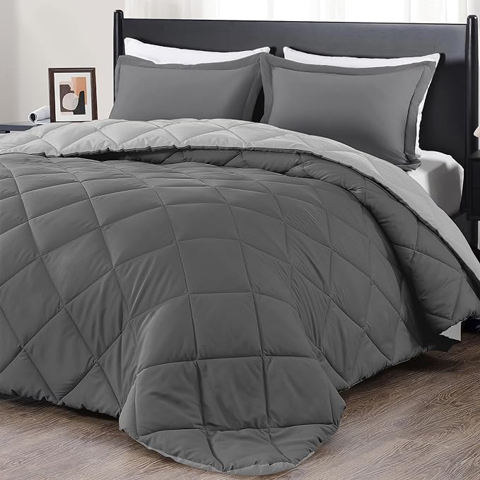 downluxe Twin Comforter Set - Charcoal and Grey Twin Comforter, Soft Bedding Sets for All Seasons -2 Pieces - 1 Comforter (66"x92") and 1 Pillow Sham(20"x26") - LeafyLoom