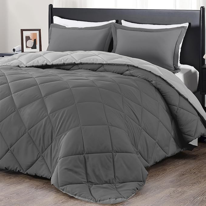 downluxe Queen Comforter Set - Charcoal and Grey Queen Comforter, Soft Bedding Sets for All Seasons -3 Pieces - 1 Comforter (88"x92") and 2 Pillow Shams(20"x26") - LeafyLoom