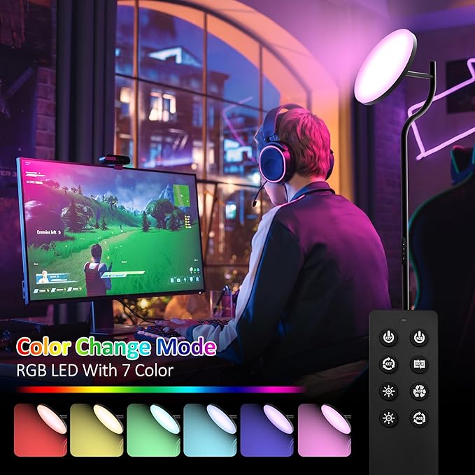 PESRAE Floor Lamp, 36W/3600LM Torchiere Bright Floor Lamp, RGB Color Changing Torchiere Floor Lamp, Rotatable Tall Lamp with Remote Control, Adjust Brightness for Bedroom and Play Room - LeafyLoom