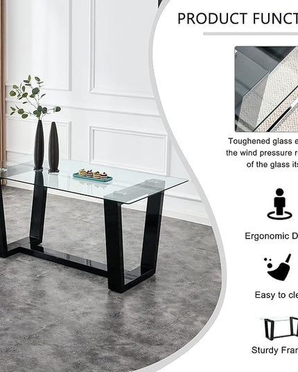 NicBex 63Inch Rectangular Dining Table,Modern Kitchen Table with Tempered Glass Tabletop and Black MDF Trapezoid Bracket for 6 to 8,Large Dining Room Table for Kitchen,Meeting Living Room,Black - LeafyLoom