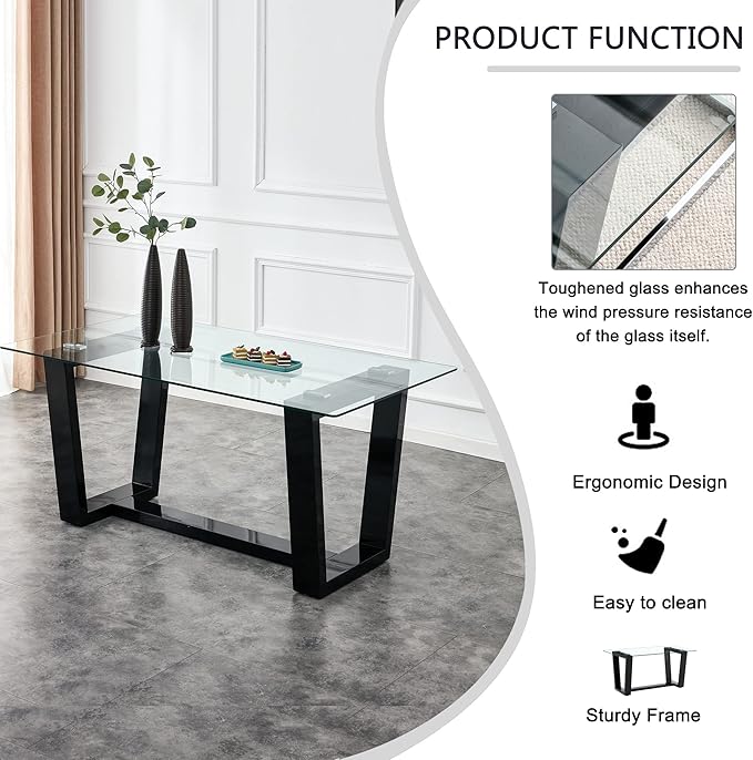 NicBex 63Inch Rectangular Dining Table,Modern Kitchen Table with Tempered Glass Tabletop and Black MDF Trapezoid Bracket for 6 to 8,Large Dining Room Table for Kitchen,Meeting Living Room,Black - LeafyLoom