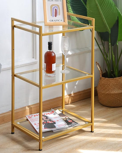 Bookcase, 3-Tier Gold Bookshelf, Slim Shelving Unit for Display Storage Bookshelf Corner Plant Bedroom, Bathroom, Home Office, Tempered Glass, Steel Frame,gold shelf (Gold, Three floors) - LeafyLoom