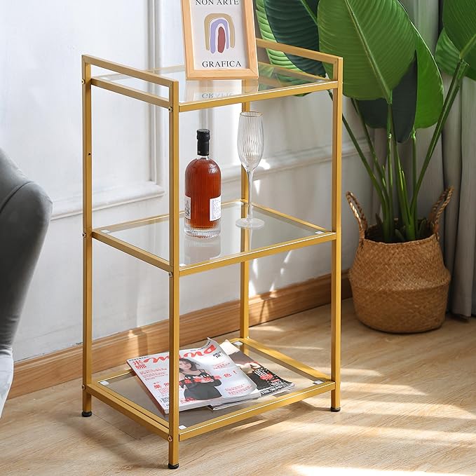 Bookcase, 3-Tier Gold Bookshelf, Slim Shelving Unit for Display Storage Bookshelf Corner Plant Bedroom, Bathroom, Home Office, Tempered Glass, Steel Frame,gold shelf (Gold, Three floors) - LeafyLoom