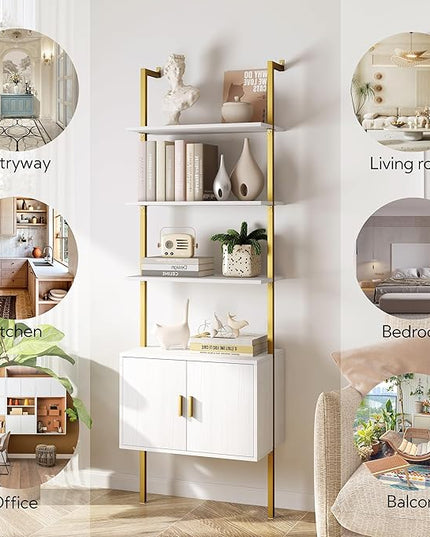 Yusong 73" Tall Bookshelf with Cabinet, Industrial Ladder Wall Mount Shelf Bookcase with Wood and Metal Frame, Plant Shelf Wall Storage Display for Living Room Bedroom, White Gold - LeafyLoom