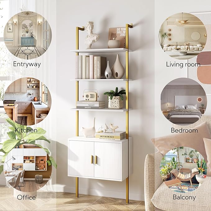 Yusong 73" Tall Bookshelf with Cabinet, Industrial Ladder Wall Mount Shelf Bookcase with Wood and Metal Frame, Plant Shelf Wall Storage Display for Living Room Bedroom, White Gold - LeafyLoom