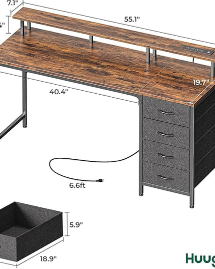 55 Inch Computer Desk with Power Outlets and LED Lights, Gaming Desk with 4 Drawers, Office Desk with Monitor Stand, Study Desk Work Desk for Home Office, Rustic Brown - LeafyLoom
