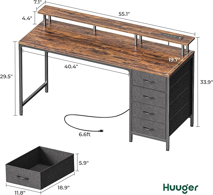 55 Inch Computer Desk with Power Outlets and LED Lights, Gaming Desk with 4 Drawers, Office Desk with Monitor Stand, Study Desk Work Desk for Home Office, Rustic Brown - LeafyLoom