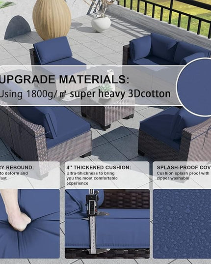 Kullavik 9PCS Outdoor Patio Furniture Set PE Wicker Rattan Sectional Sofa Patio Conversation Sets,Navy blue - LeafyLoom