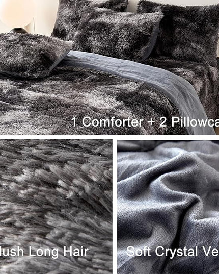 WINLIFE Shaggy Comforter Set Twin Grey for Boys Teens Faux Fur Bedding Sets Flannel Furry Comforter Plush Comforter Sets Gradient Ombre Tie Dye Bed Sets (3Pcs, Twin, Dark Grey) - LeafyLoom