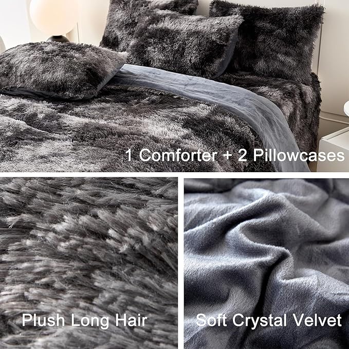 WINLIFE Shaggy Comforter Set Twin Grey for Boys Teens Faux Fur Bedding Sets Flannel Furry Comforter Plush Comforter Sets Gradient Ombre Tie Dye Bed Sets (3Pcs, Twin, Dark Grey) - LeafyLoom