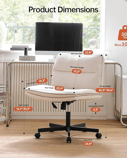 EMIAH Armless Office Desk Chair with Wheels Faux Fur Vanity Mid-Back Ergonomic Home Computer Comfortable Adjustable Swivel Furry Task Chair with Thickened Cushion - LeafyLoom