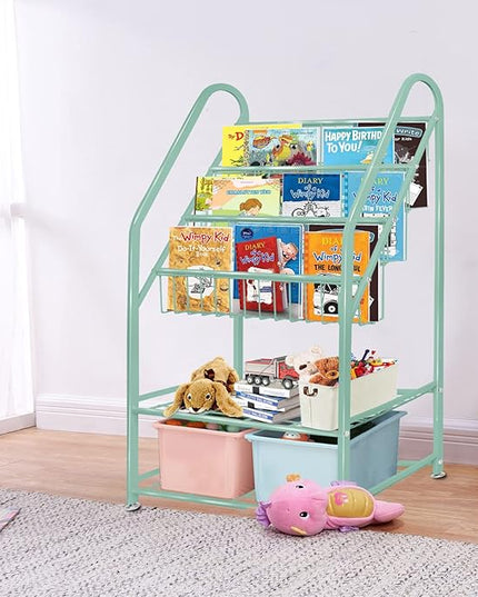 aboxoo Metal Kids Bookshelf Green Bookcase Freestanding for Children Room 24 in Toy Organizer Green Stable Bookcase Bookstore Library Book Unit Storage - LeafyLoom