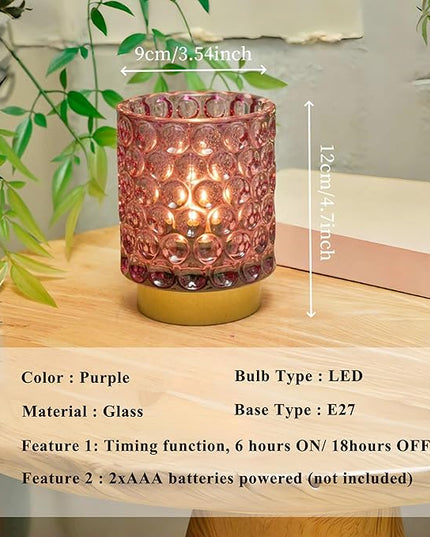 Battery Operated Table Lamp with Timer, 4.7" Tall Round Small Lamps, Cordless Crystal Night Light,Battery Powered Bedside Lamp, for Corner/Living Room/Bedroom/Tabletop, Purple - LeafyLoom