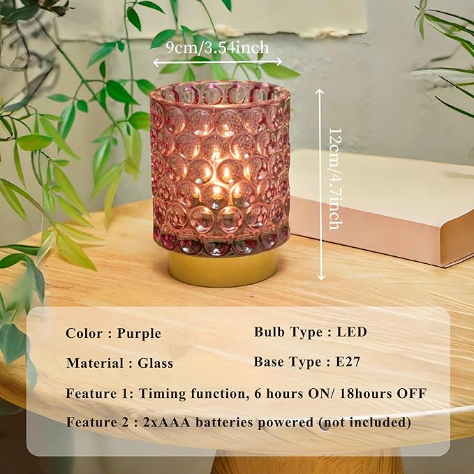 Battery Operated Table Lamp with Timer, 4.7" Tall Round Small Lamps, Cordless Crystal Night Light,Battery Powered Bedside Lamp, for Corner/Living Room/Bedroom/Tabletop, Purple - LeafyLoom