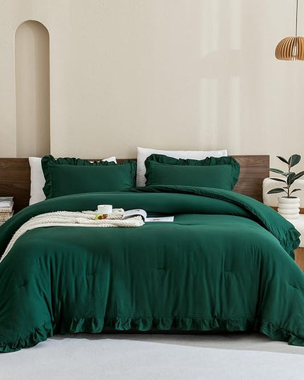Andency Dark Emerald Green Comforter Set King, 3 Pieces Lightweight Ruffle Bedding Comforter Sets, Farmhouse Ruffle Bed Comforter Set, Lightweight and Soft Bedding Comforter for All Seasons - LeafyLoom