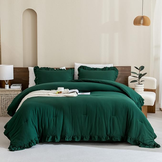 Andency California King Comforter Set Dark Green (104x96Inch), 3 Pieces Cal King Ruffle Comforter, Oversized Farmhouse Shabby Chic Bed Comforter, Lighteweight and Soft Microfiber Bedding Set - LeafyLoom