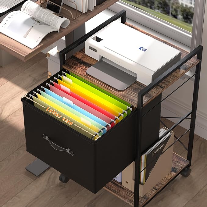 VECELO Vertical Filing Cabinet Set of 2, Rolling Printer Shelf with Handle, Suitable for Letter Size, Sturdy Steel Frame and Folding Fabric Drawer for Living Room/Bedroom/Hallway, Brown+Black - LeafyLoom