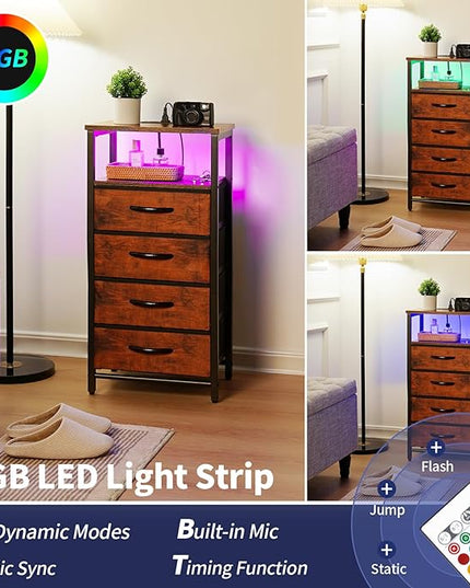 Yoobure Night Stand - LED Nightstand with Charging Station, Bedside Table with 4 Fabric Storage Drawers and Storage Shelf, End Table with USB Ports and Outlets, Tall Dresser for Bedroom - LeafyLoom