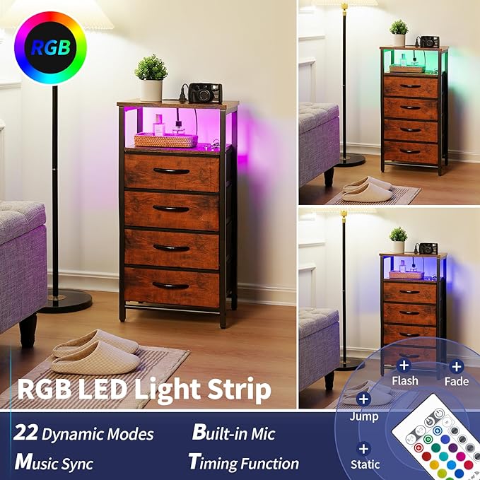 Yoobure Night Stand - LED Nightstand with Charging Station, Bedside Table with 4 Fabric Storage Drawers and Storage Shelf, End Table with USB Ports and Outlets, Tall Dresser for Bedroom - LeafyLoom