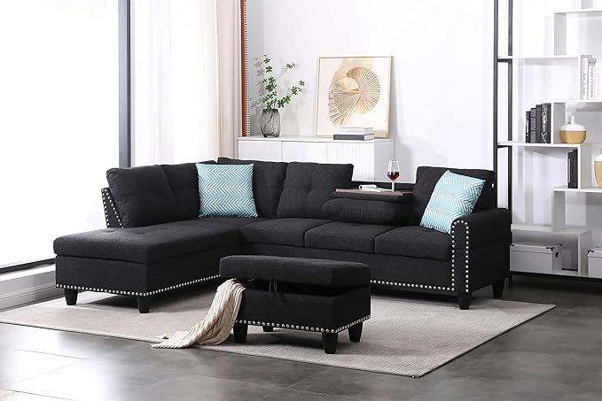 L Shape Sectional Sofa, 98 inch Linen Left Hand Facing Couch & Chaise with Ottoman, Flip-up Cup Holder, Living Set Furniture for Home Office, Guest Room, 98, Charcoal Gray - LeafyLoom