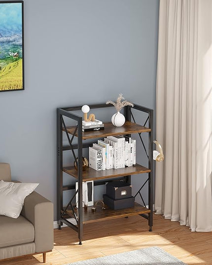 Folding Bookshelf 3 Tier No Assembly Bookcase Industrial Storage Shelves Plant Flower Stand Storage Rack for Home Office Rustic Brown - LeafyLoom