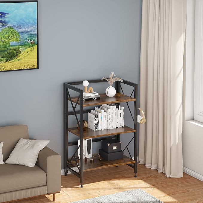 Folding Bookshelf 3 Tier No Assembly Bookcase Industrial Storage Shelves Plant Flower Stand Storage Rack for Home Office Rustic Brown - LeafyLoom