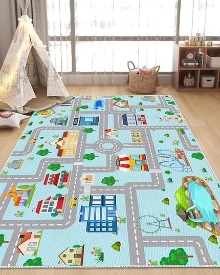Kids Car Rug, 5x7 City Life Traffic Road Playmat for Toy Cars Trains, Non-Slip Race Track Carpet Educational Fun Area Rugs for Boy and Girl Bedroom Nursery - LeafyLoom