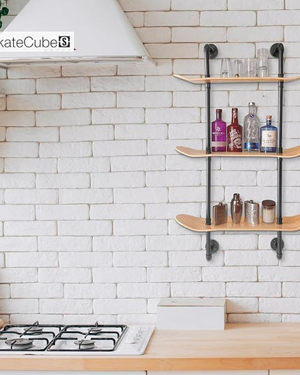 Industrial Shelves - 3 Tier Floating Shelf Bookcase with Mellow Concave Skateboard Decks - Natural Wood Stain Finish - Easy to Assemble - Bathroom Wall Decor, Book Shelf for Living Room - LeafyLoom