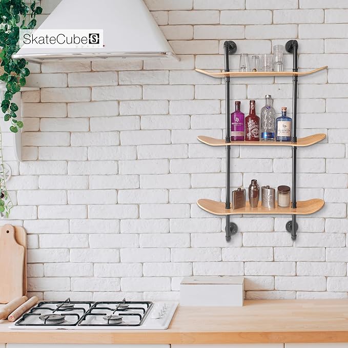 Industrial Shelves - 3 Tier Floating Shelf Bookcase with Mellow Concave Skateboard Decks - Natural Wood Stain Finish - Easy to Assemble - Bathroom Wall Decor, Book Shelf for Living Room - LeafyLoom