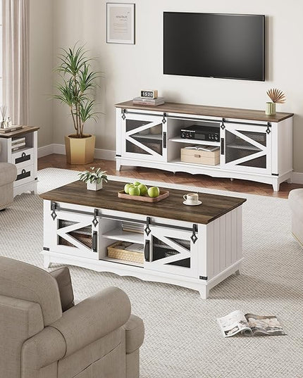 IDEALHOUSE Farmhouse Coffee Table with Storage 48'' Center Table Industrial Cocktail Table with Sliding Barn Doors Modern Rectangular Living Room Table Rustic Coffee Table with Adjustable Shelves - LeafyLoom