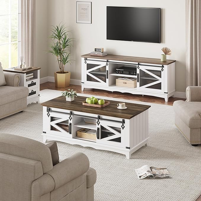 IDEALHOUSE Farmhouse Coffee Table with Storage 48'' Center Table Industrial Cocktail Table with Sliding Barn Doors Modern Rectangular Living Room Table Rustic Coffee Table with Adjustable Shelves - LeafyLoom