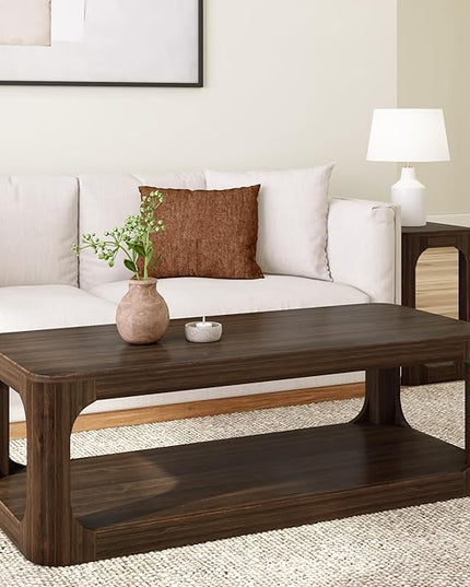 Plank+Beam Forma Coffee Table, Solid Wood 54 Inch Modern Coffee Table with Shelf, Contemporary Center Table with Storage Space, Rectangle Tea Table with Storage, Walnut - LeafyLoom