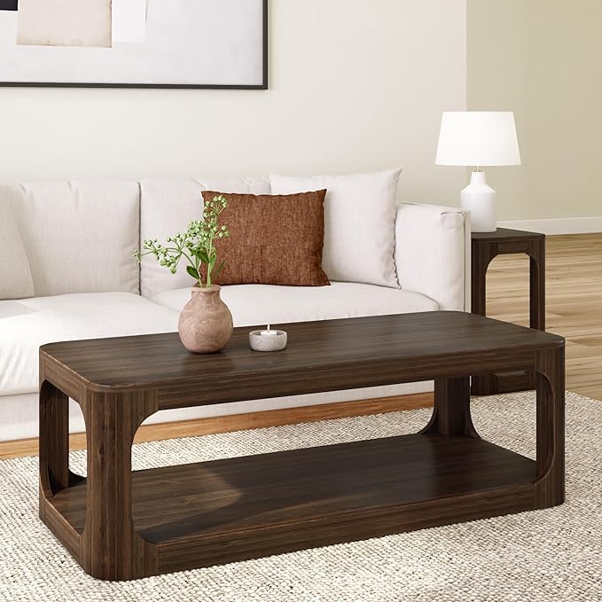 Plank+Beam Forma Coffee Table, Solid Wood 54 Inch Modern Coffee Table with Shelf, Contemporary Center Table with Storage Space, Rectangle Tea Table with Storage, Walnut - LeafyLoom