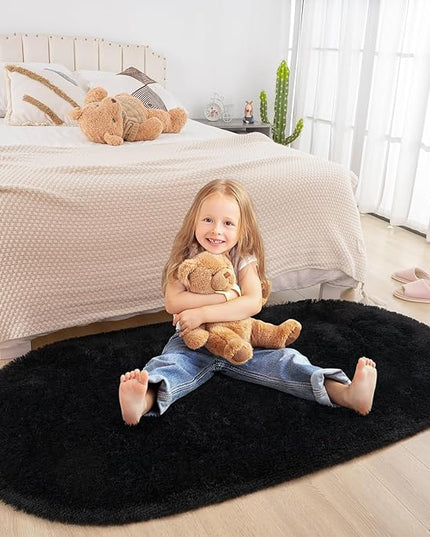 Merelax Soft Shaggy Rug for Kids Bedroom, Oval 2.6'x5.3' Black Plush Fluffy Carpets for Living Room, Furry Carpet for Teen Girls Room, Anti-skid Fuzzy Comfy Rug for Nursery Decor Cute Baby Play Mat - LeafyLoom