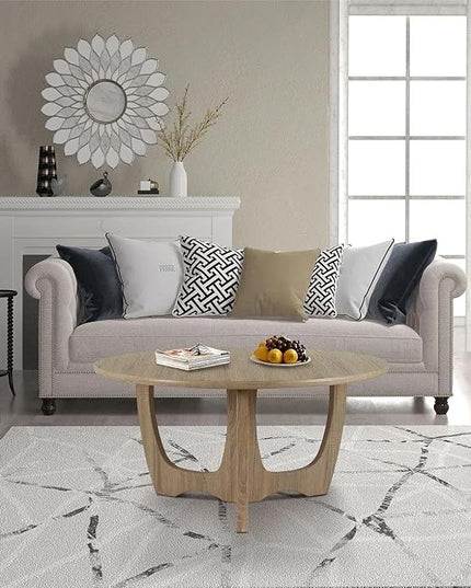 FINECASA Wooden Round Coffee Table Curved Leg, Accent Couch,Home Decoration, Living Room Tables, 36 x 18 Inches, Natural - LeafyLoom