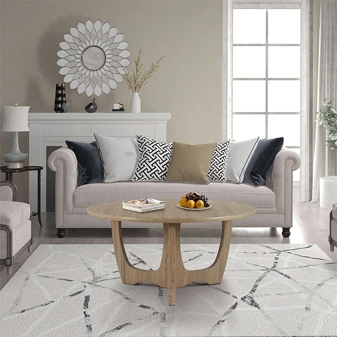 FINECASA Wooden Round Coffee Table Curved Leg, Accent Couch,Home Decoration, Living Room Tables, 36 x 18 Inches, Natural - LeafyLoom