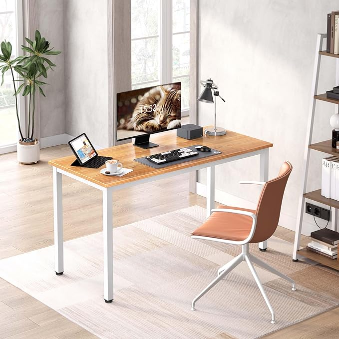Computer Desk,55.1 inches Office Desk & Workstations for Home Office, Gaming Desk Computer Table,Modern Simple Style Laptop Table, Teak & White - LeafyLoom