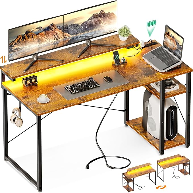 MOTPK Computer Desk with Led Lights & Power Outlet, 47 Inch Reversible Kids Desk with Shelves, Writing Desk with Adjustable Monitor Stand & Headphone Hook, Work Desk for Home Office, Brown - LeafyLoom