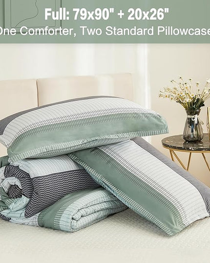 Litanika Comforter Full Size Set Sage Green - 3 Pieces Lightweight Bedding Comforter Sets, Green White Colorblock Stripe Fluffy Bed Set, All Season Down Alternative Bed Set - LeafyLoom