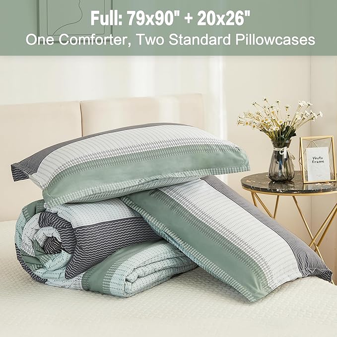 Litanika Comforter Full Size Set Sage Green - 3 Pieces Lightweight Bedding Comforter Sets, Green White Colorblock Stripe Fluffy Bed Set, All Season Down Alternative Bed Set - LeafyLoom