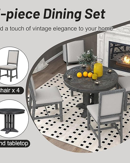 Extendable Round Upholstered, X-Shape Base, Modern Small Kitchen Chairs Room Home Furniture Breakfast Nook, Dining Table Set for 4-6, Black - LeafyLoom
