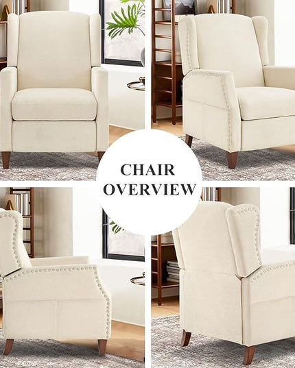 COLAMY Wingback Pushback Recliner Chair with Storage Pocket, Upholstered Fabric Living Room Chair Armchair with Wood Legs and Nailhead Trim, Beige - LeafyLoom
