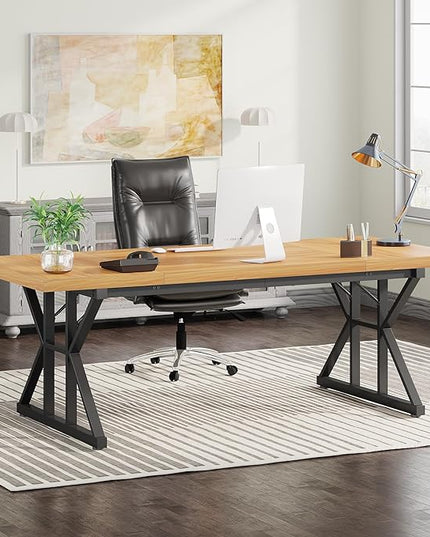 Tribesigns 70.8-Inch Executive Desk, Large Computer Office Desk Workstation, Modern Simple Style Laptop Desk Study Writing Table Business Furniture for Home Office (Light Walnut/Black, 70.8 Inch) - LeafyLoom