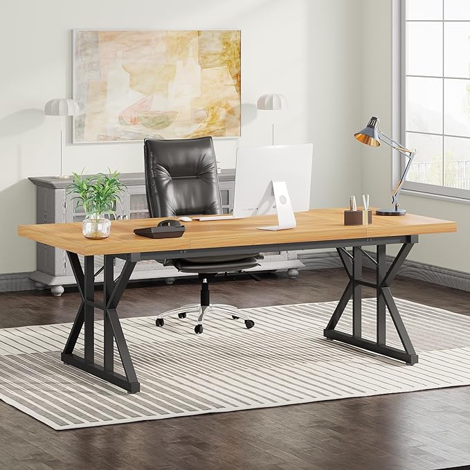 Tribesigns 70.8-Inch Executive Desk, Large Computer Office Desk Workstation, Modern Simple Style Laptop Desk Study Writing Table Business Furniture for Home Office (Light Walnut/Black, 70.8 Inch) - LeafyLoom