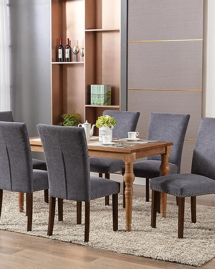 COLAMY Upholstered Parsons Dining Chairs Set of 6, Fabric Dining Room Kitchen Side Chair with Nailhead Trim and Wood Legs - Dark Grey - LeafyLoom